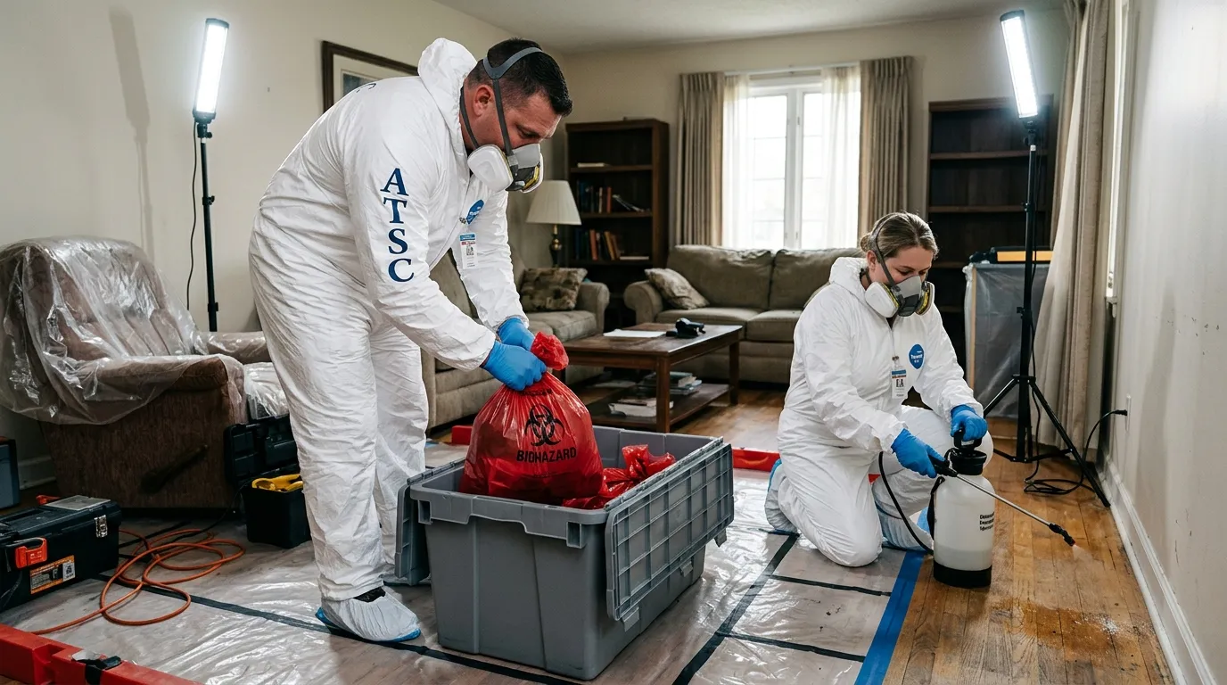 Professional Hazmat Cleanup technician in full PPE working in Shaker Heights